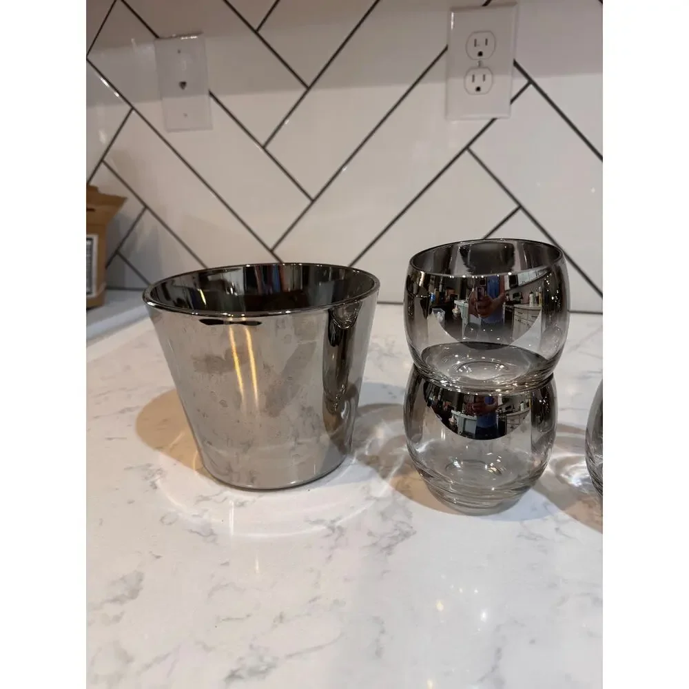 Mid-Century Modern Silver Ombre roly-poly cocktail set 8 cups w/ ice bucket 60s